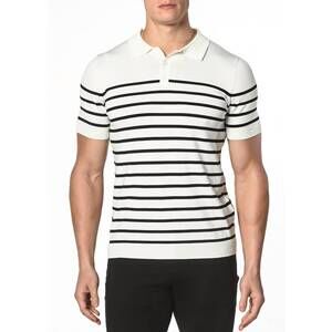 NEW POSTMARC button stripe knit polo top in navy